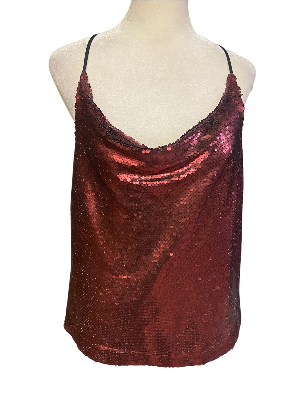 By Together Burgundy Sequin Cowl Neck Tank Top Size M Holiday Sparkle Party